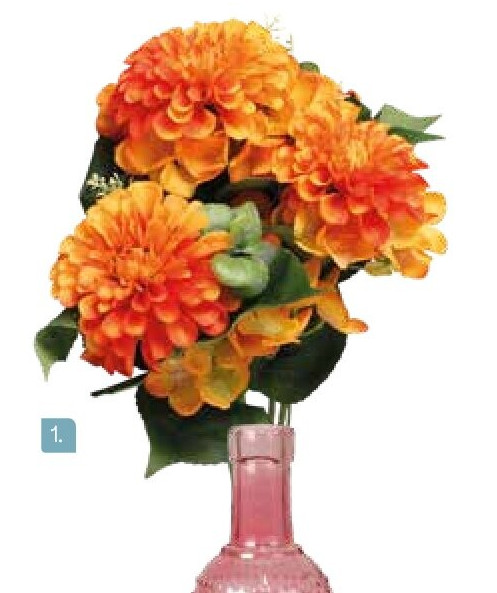 Kunstboeket met oranje chrysanten en hortensia’s