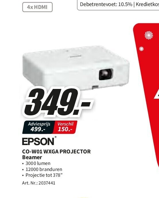 EPSON cO-w01 wxGA PROJECTOR Beamer 3000 lumen 12000 branduren Projectie tot 378"
