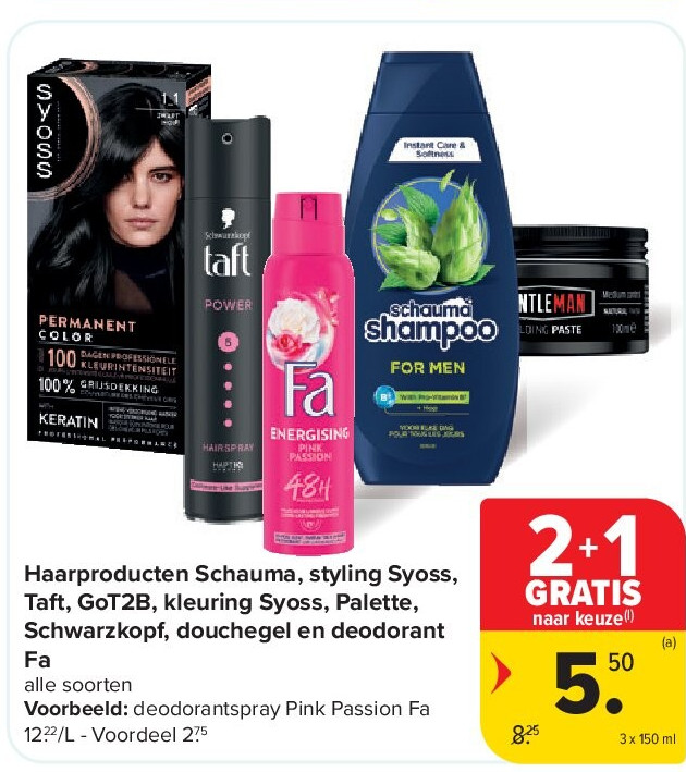 Haarproducten Schauma, styling Syoss, Taft, GoT2B, kleuring Syoss, Palette, Schwarzkopf, douchegel en deodorant Fa