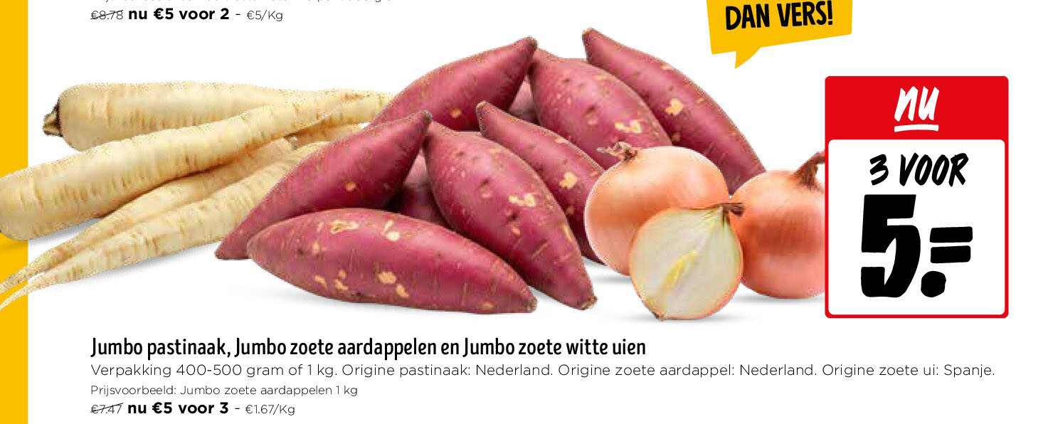 Jumbo pastinaak, Jumbo zoete aardappelen en Jumbo zoete witte uien