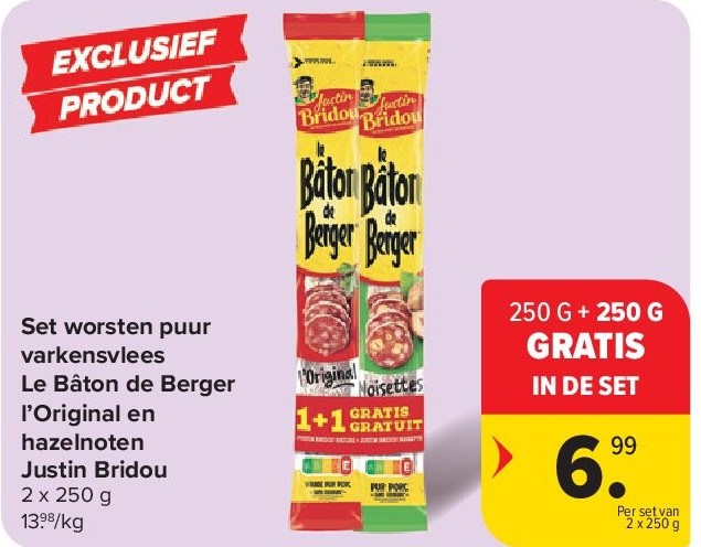 Set worsten puur varkensvlees Le Bâton de Berger l’Original en hazelnoten Justin Bridou