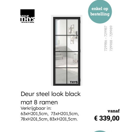 Deur steel look black mat 8 ramen Verkrijgbaar in: 63xH201,5cm, 73xH201,5cm, 78xH201,5cm, 83xH201,5cm.