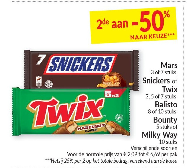 Mars 3 of 7 stuks, Snickers of Twix 3, 5 of 7 stuks. 3,5 Balisto 8 of 10 stu Bounty 5stuks of Milky Way