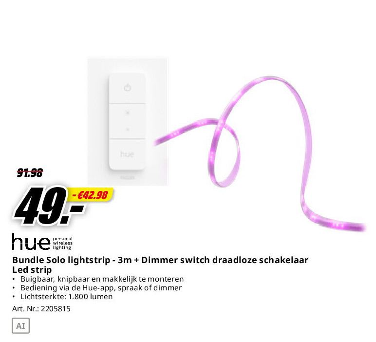 Bundle Solo lightstrip - 3m + Dimmer switch draadloze schakelaar Led strip