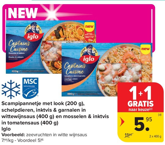 Scampipannetje met look (200 g), schelpdieren, inktvis & garnalen in wittewijnsaus (400 g) en mosselen & inktvis in tomatensaus (400 g) Iglo