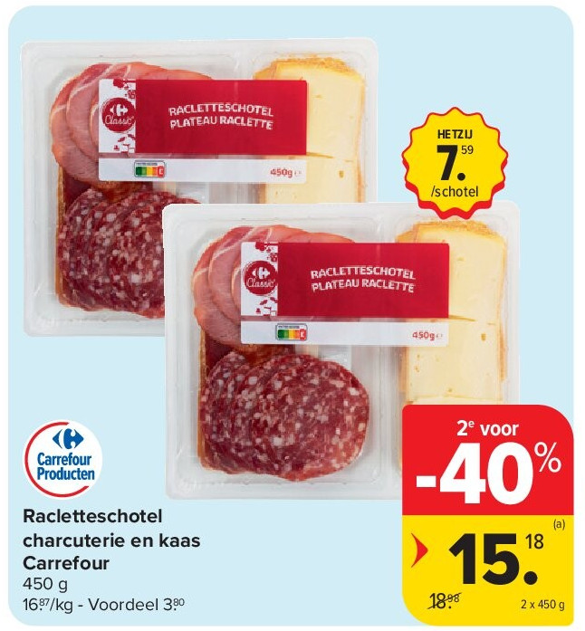 Racletteschotel charcuterie en kaas Carrefour