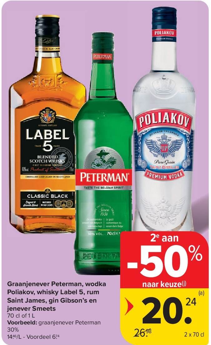 Graanjenever Peterman, wodka Poliakov, whisky Label 5, rum Saint James, gin Gibson’s en jenever Smeets