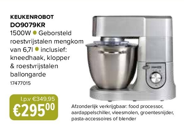 keukenrobot DO9079KR 1500W ● Geborsteld roestvrijstalen mengkom van 6,7l ● inclusief: kneedhaak, klopper & roestvrijstalen ballongarde