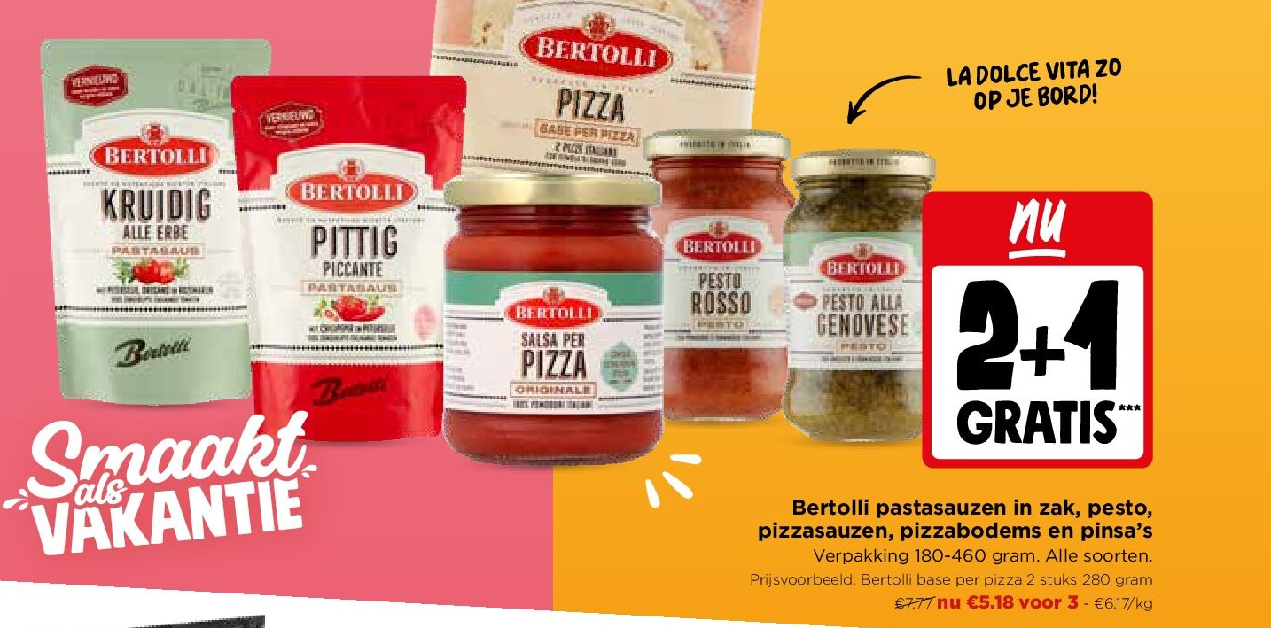 Bertolli pastasauzen in zak, pesto, pizzasauzen, pizzabodems en pinsa’s