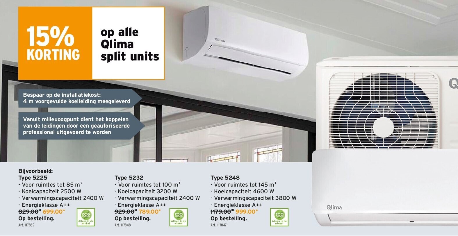 op alle Qlima split units Type 5225