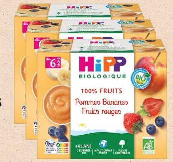 Compotes pommes bananes fruits rouges BIO Hipp