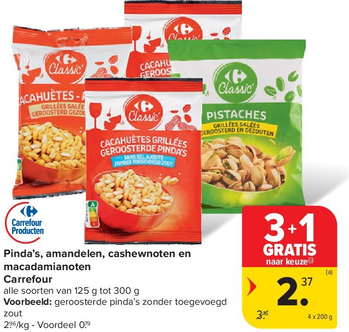 Pinda’s, amandelen, cashewnoten en macadamianoten Carrefour