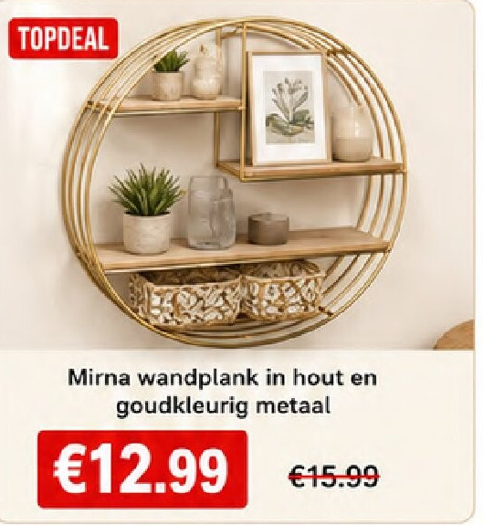 Mirna wandplank in hout en goudkleurig metaal