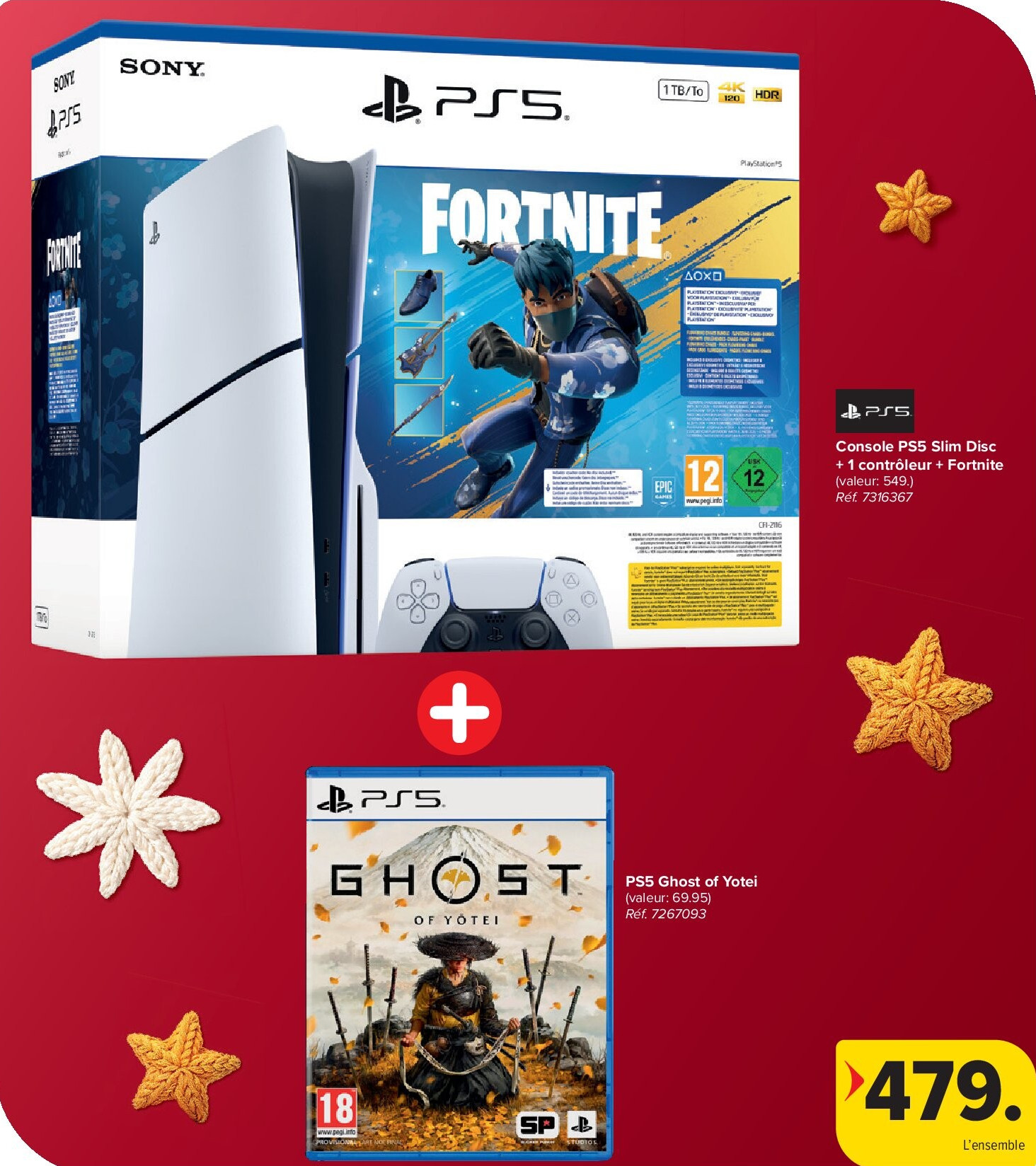 Console PS5 Slim Disc + 1 contrôleur + Fortnite + PS5 Ghost of Yotei