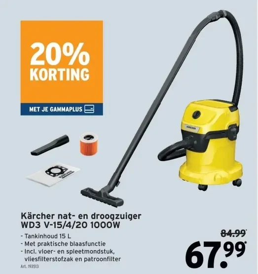 Kärcher nat- en droogzuiger WD3 V-15/4/20 1000W