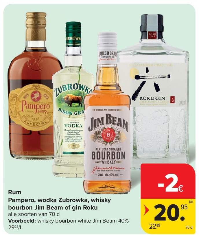 Rum Pampero, wodka Zubrowka, whisky bourbon Jim Beam of gin Roku