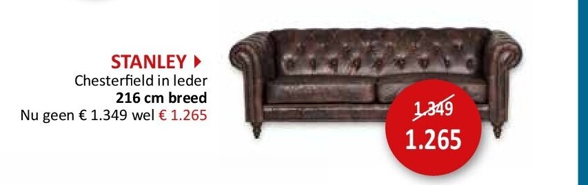 STANLEY Chesterfield in leder 216 cm breed