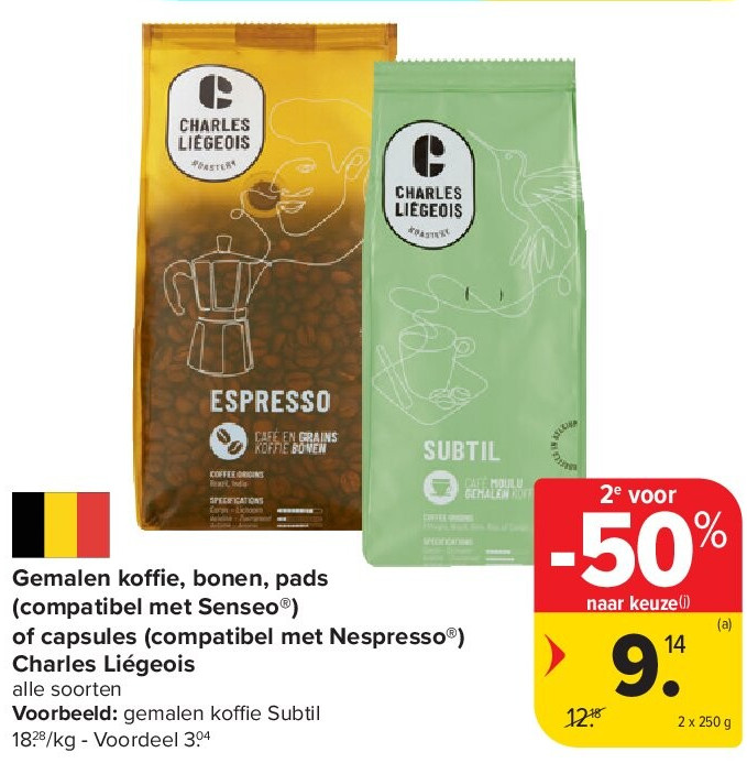 Gemalen ko e, bonen, pads (compatibel met Senseo®) of capsules (compatibel met Nespresso®) Charles Liégeois