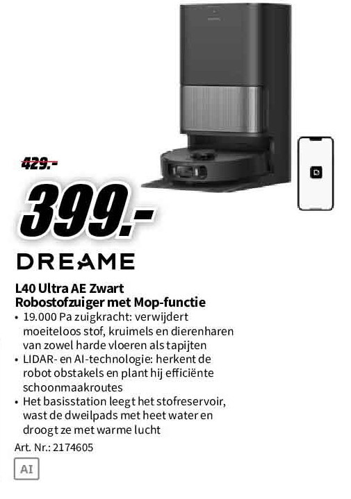 L40 Ultra AE Zwart Robostofzuiger met Mop-functie