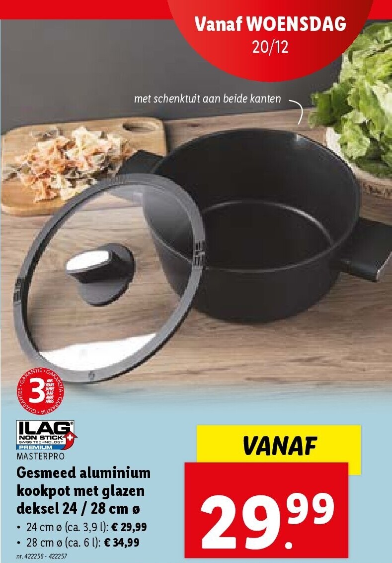 Gesmeed aluminium kookpot met glazen deksel 24 / 28 cm ø