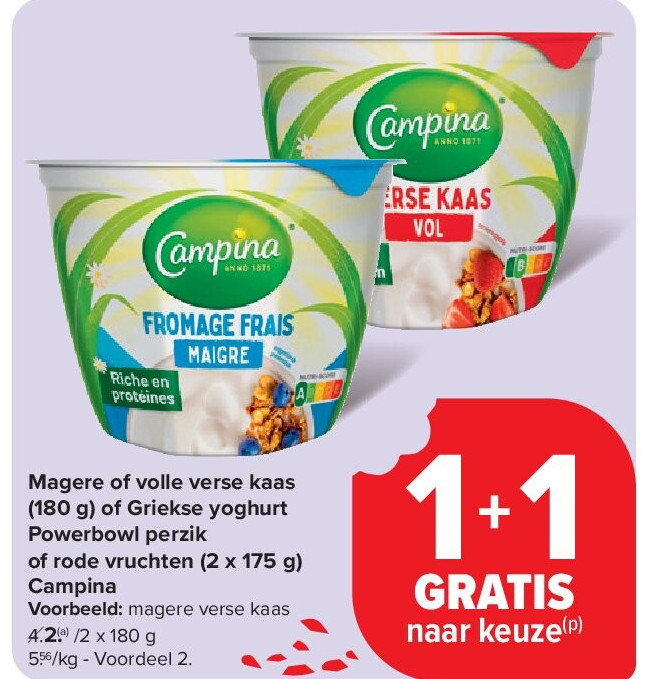 Magere of volle verse kaas (180 g) of Griekse yoghurt Powerbowl perzik of rode vruchten (2 x 175 g) Campina