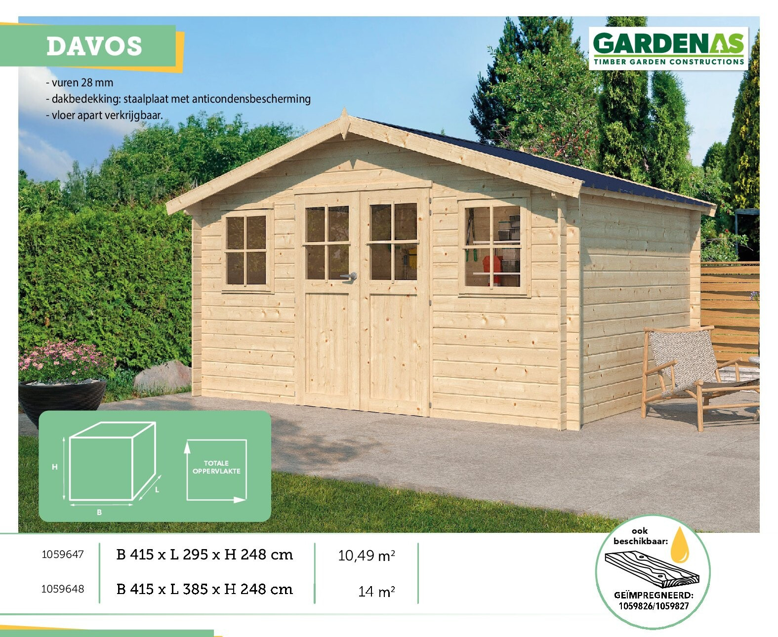 Gardenas Davos houten tuinhuis 415x295x248 cm blokhut anticondensbescherming