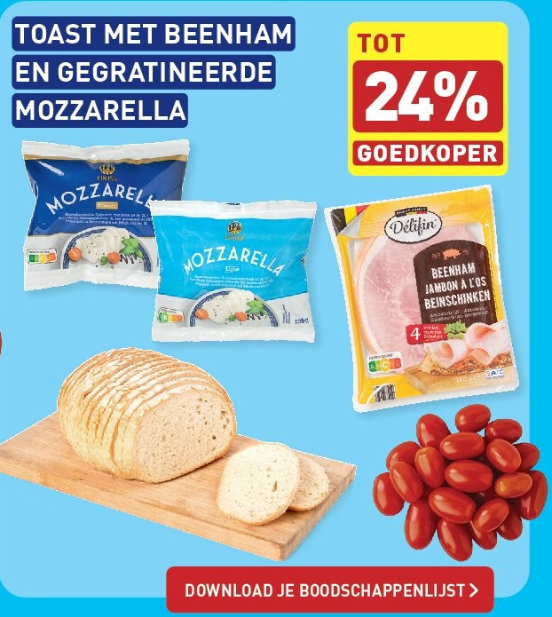TOAST MET BEENHAM EN GEGRATINEERDE MOZZARELLA