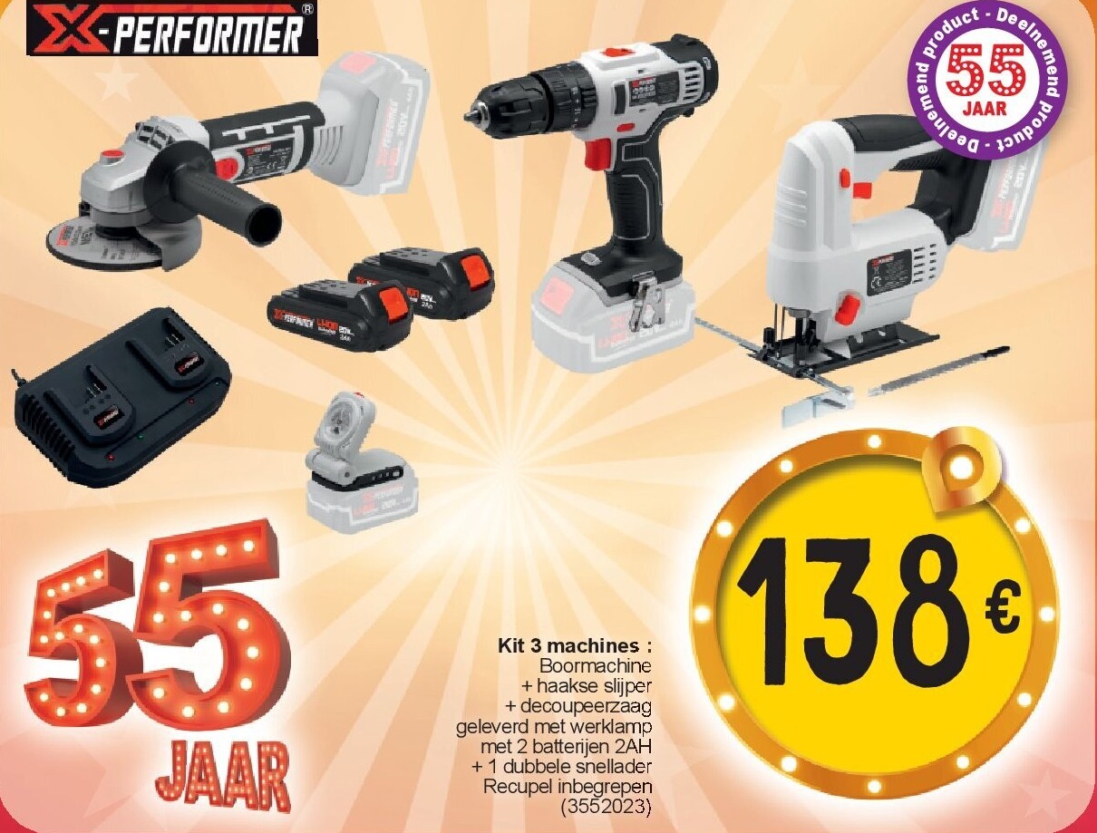 Boormachine + haakse slijper + decoupeerzaag geleverd met werklamp met 2 batterijen 2AH + 1 dubbele snellader Recupel inbegrepen