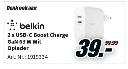 Belkin GaN 63 W Wit Oplader
