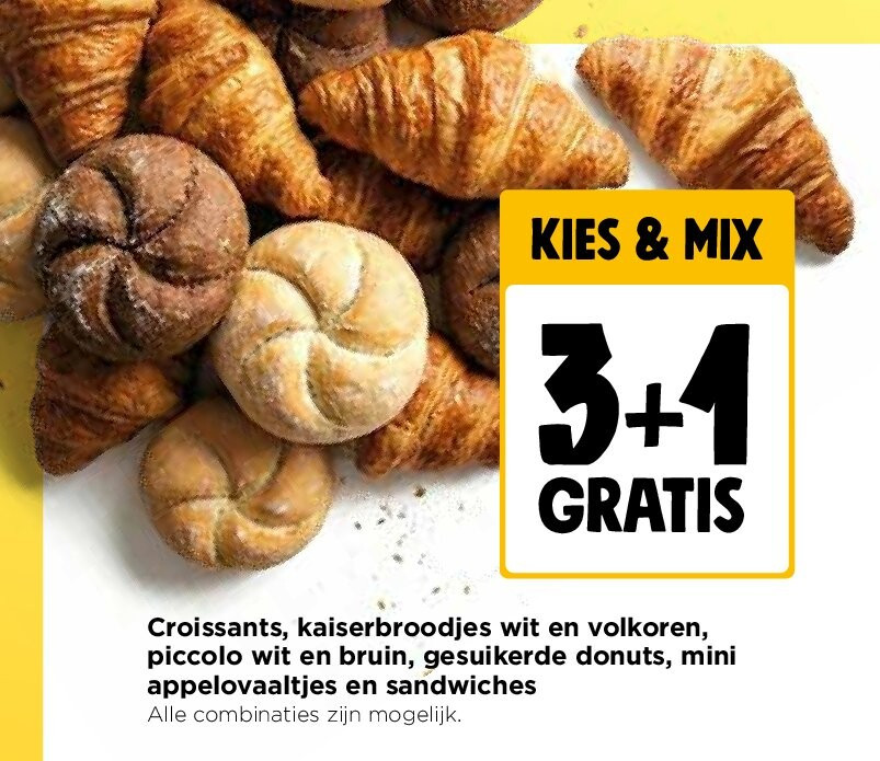 Croissants, kaiserbroodjes wit en volkoren, piccolo wit en bruin, gesuikerde donuts, mini appelovaaltjes en sandwiches