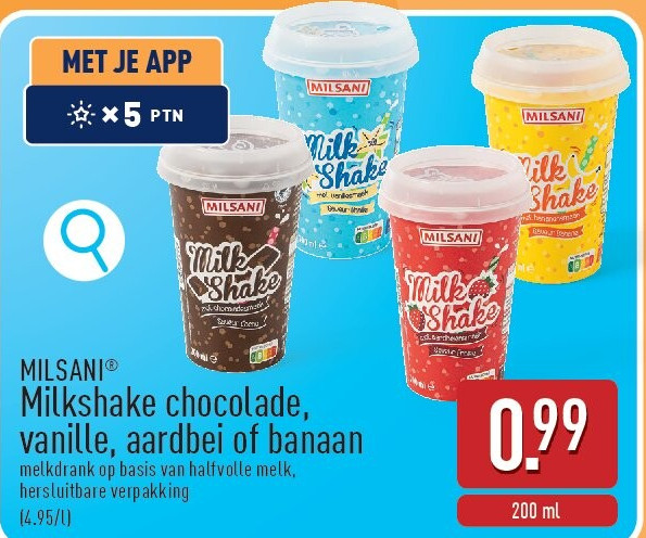 Milkshake chocolade, vanille, aardbei of banaan
