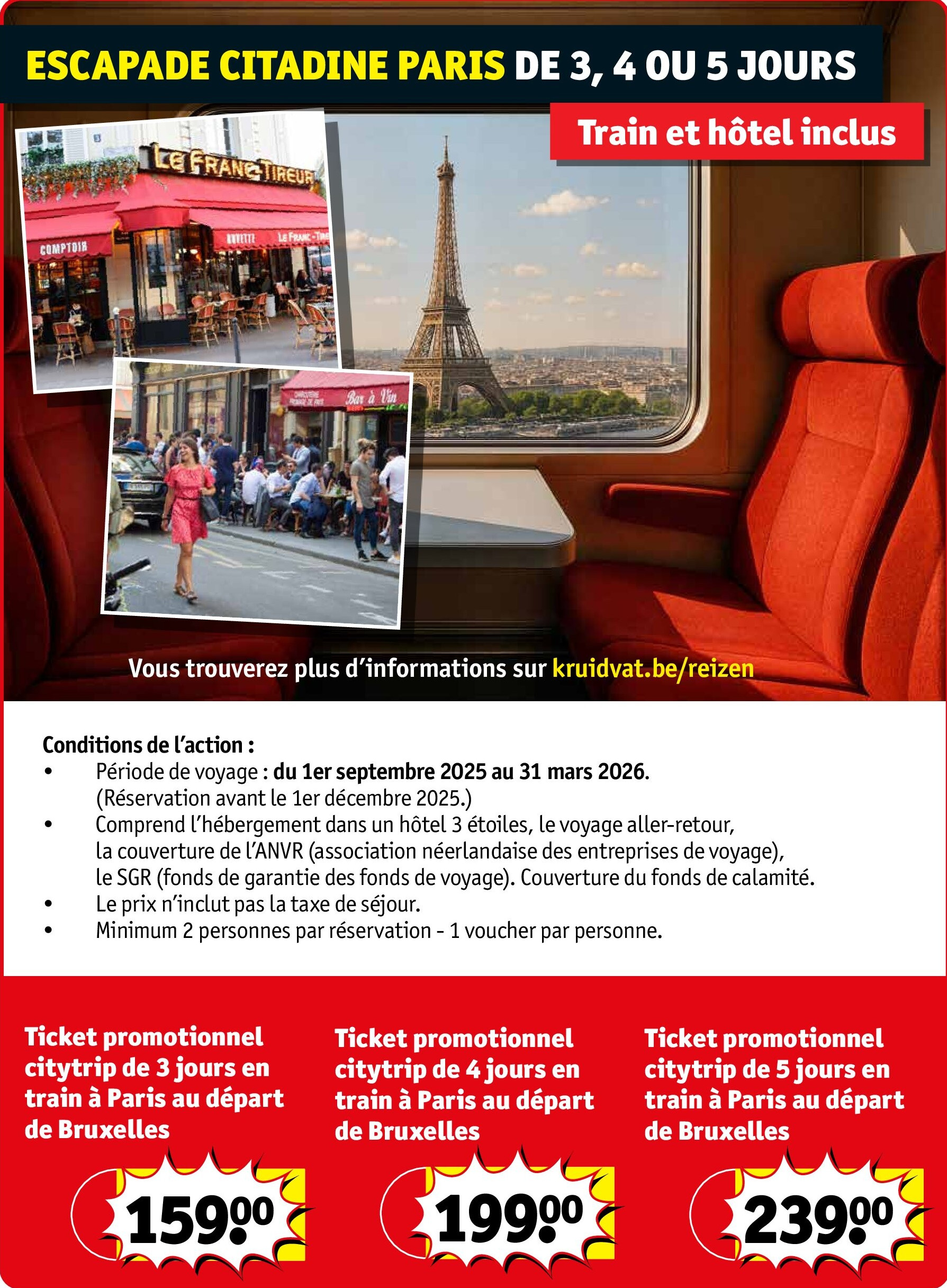 Ticket promotionnel citytrip de 3 jours en train à Paris au départ de Bruxelles