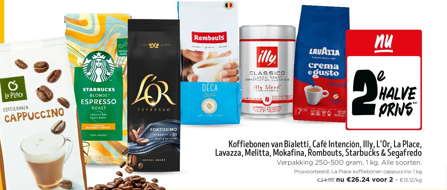 Koffiebonen van Bialetti, Café Intención, Illy, L’Or, La Place, Lavazza, Melitta, Mokafina, Rombouts, Starbucks & Segafredo