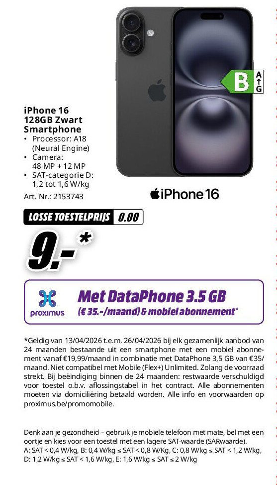 iPhone 16 128GB Zwart Smartphone