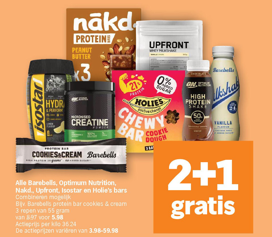 Alle Barebells, Optimum Nutrition, Nakd., Upfront, Isostar en Holie's bars
