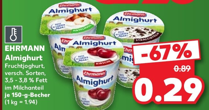 EHRMANN Almighurt Fruchtjoghurt, versch. Sorten, 3,5 - 3,8 % Fett im Milchanteil je 150-g-Becher (1 kg = 1.94)