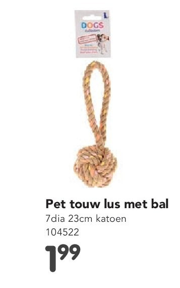 Pet touw lus met bal 7dia 23cm katoen 104522