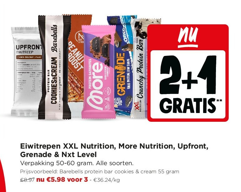 Eiwitrepen XXL Nutrition, More Nutrition, Upfront, Grenade & Nxt Level