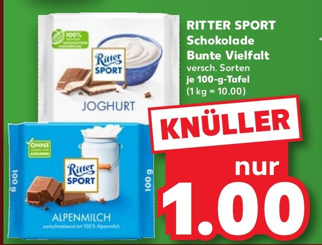 RITTER SPORT Schokolade Bunte Vielfalt versch. Sorten je 100-g-Tafel (1 kg = 10.00)