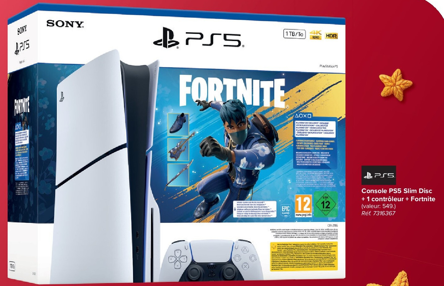 Console PS5 Slim Disc + 1 contrôleur + Fortnite