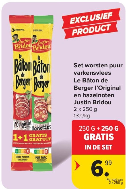 Set worsten puur varkensvlees Le Bâton de Berger l’Original en hazelnoten Justin Bridou