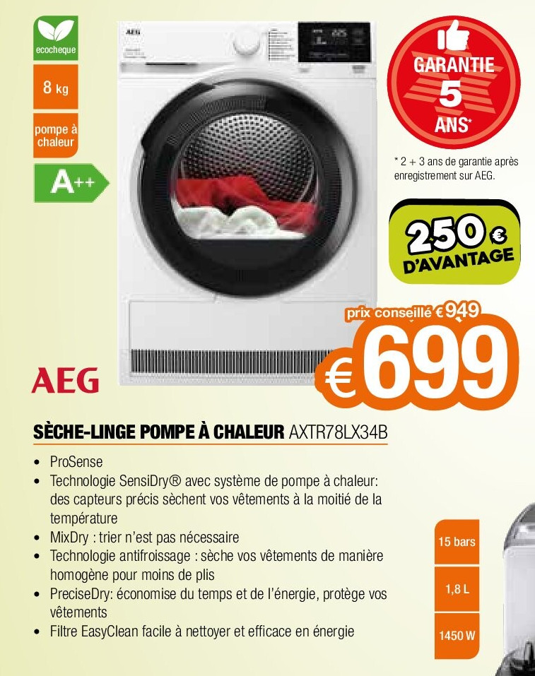 AEG SÈCHE-LINGE POMPE À CHALEUR AXTR78LX34B