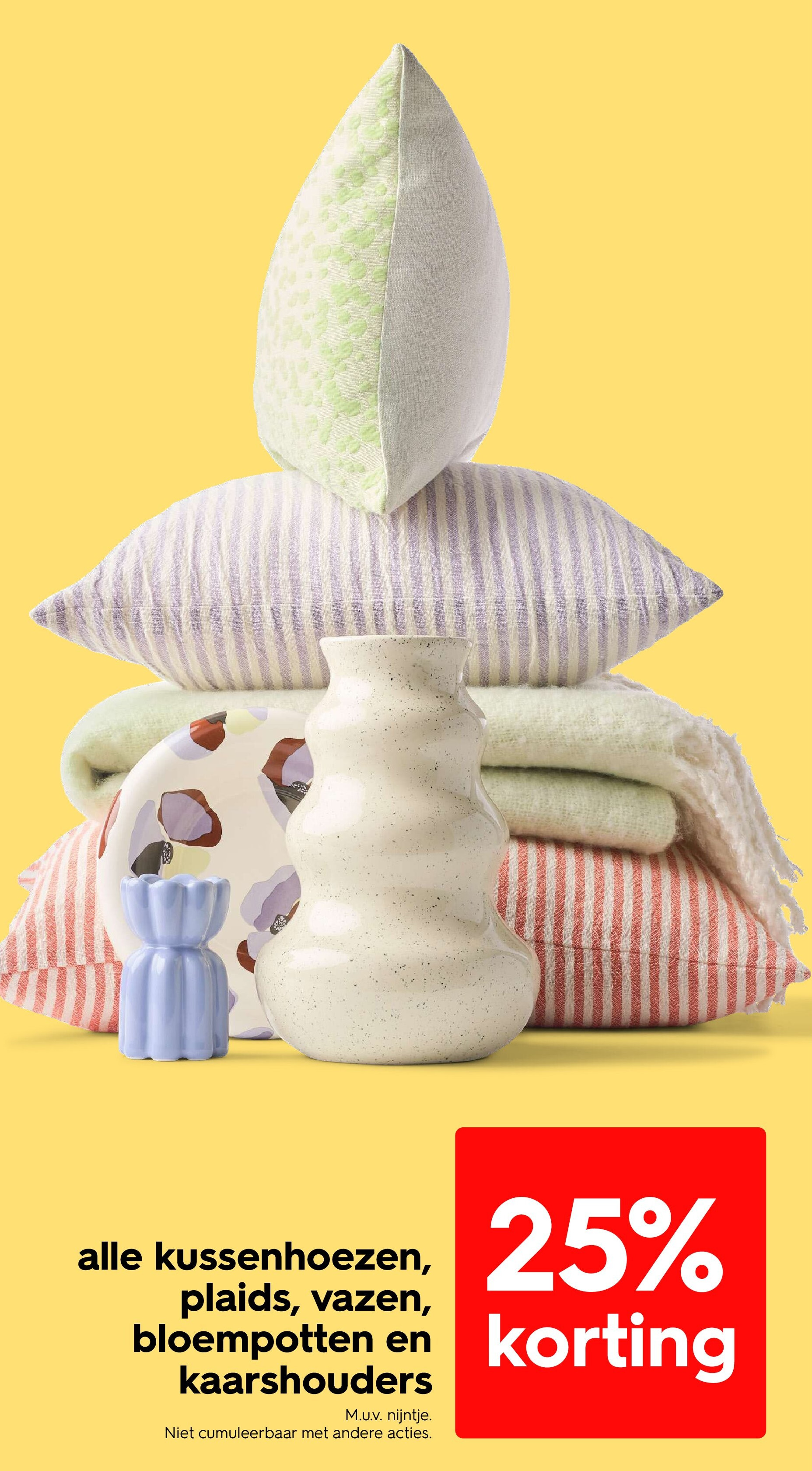 alle kussenhoezen, plaids, vazen, bloempotten en kaarshouders