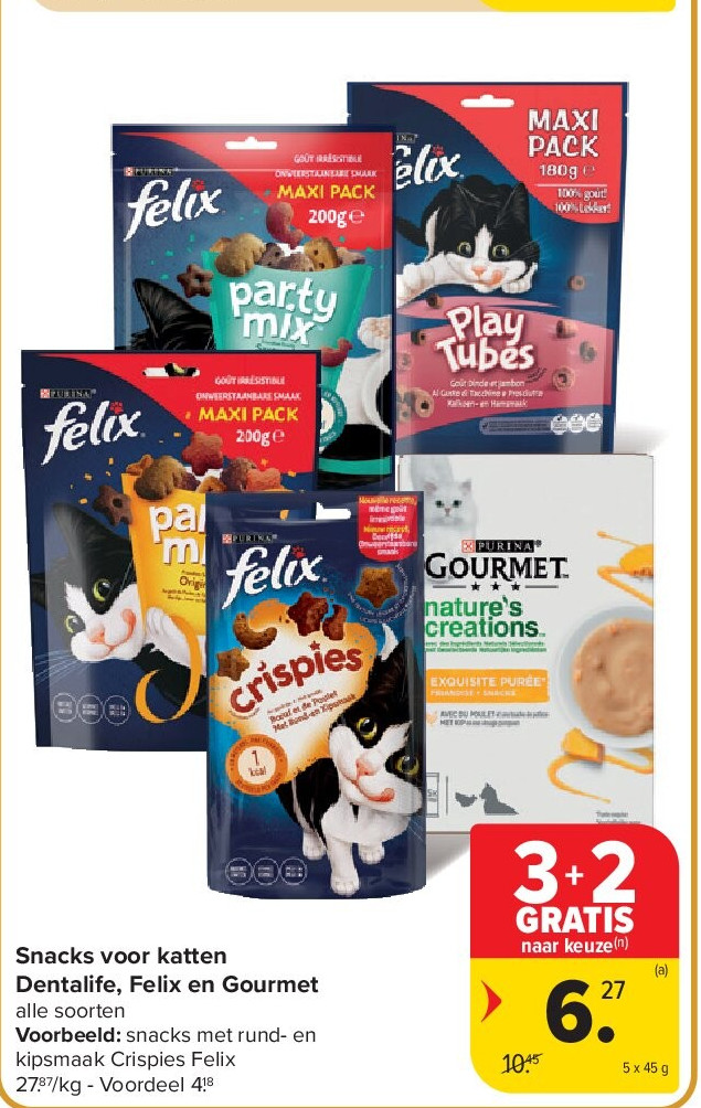 Snacks voor katten Dentalife, Felix en Gourmet