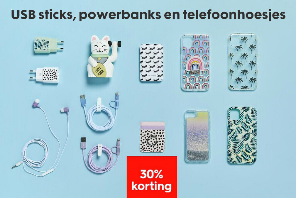 USB sticks, powerbanks en telefoonhoesjes