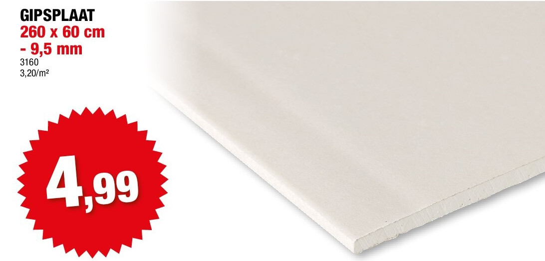 GIPSPLAAT 260 x 60 cm - 9,5 mm