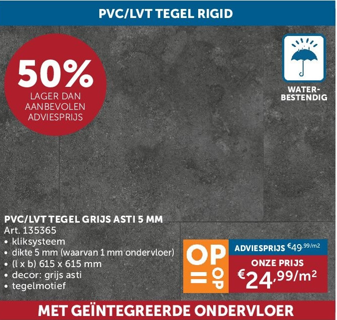 PVC/LVT TEGEL GRIJS ASTI 5 MM