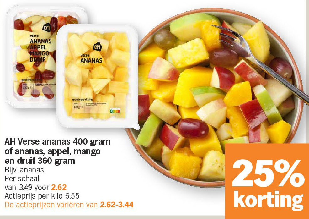 AH Verse ananas 400 gram of ananas, appel, mango en druif 360 gram