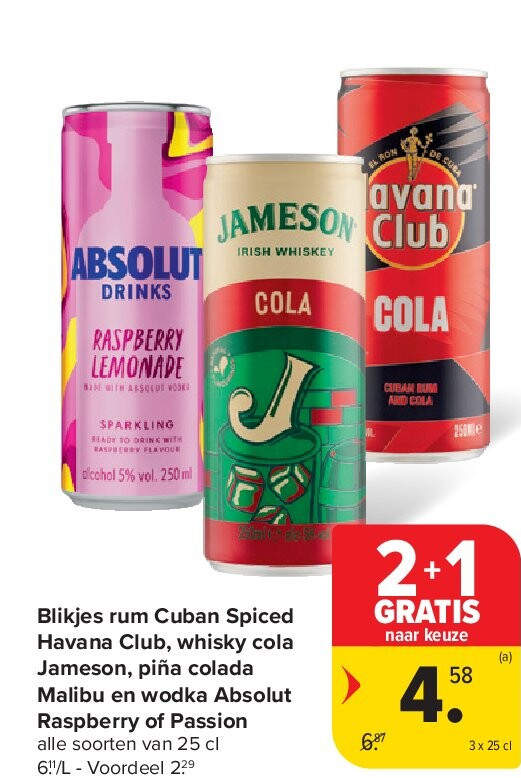 Blikjes rum Cuban Spiced Havana Club, whisky cola Jameson, piña colada Malibu en wodka Absolut Raspberry of Passion