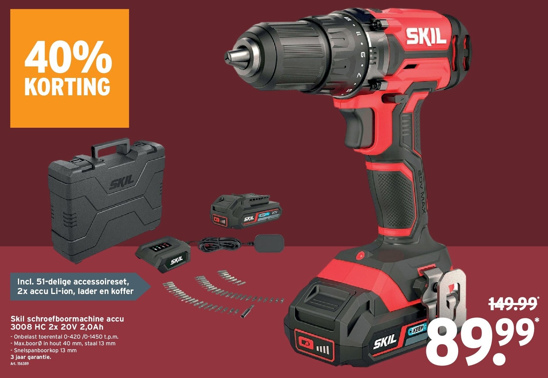 Skil schroefboormachine accu 3008 HC 2x 20V 2,0Ah